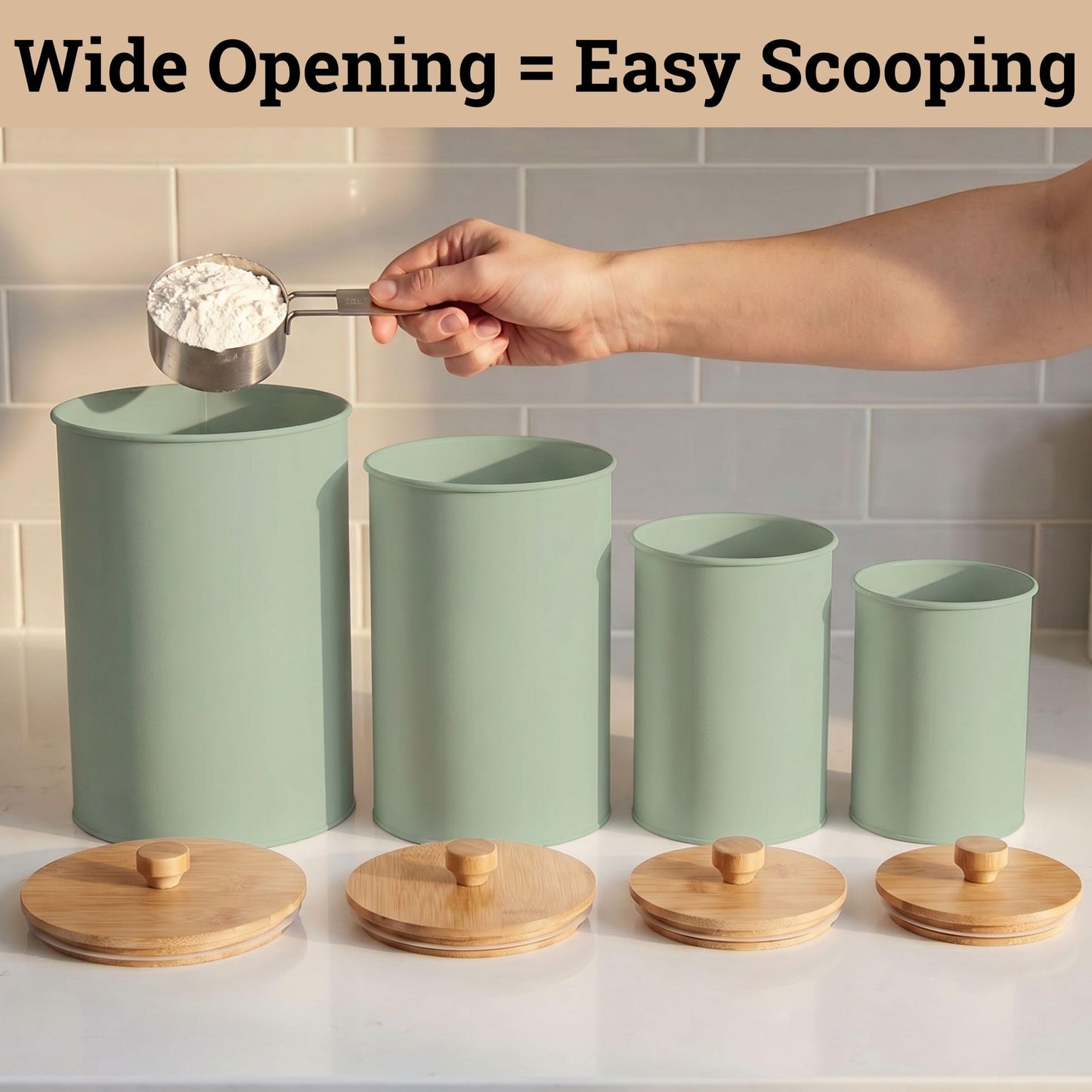 Kitchen Canisters for Countertop Set of 4 with Customizable Chalkboard Labels & Marker Pen - Big Iron Kitchen Canisters with Airtight Lids - Sage Green Canister Set - Flour and Sugar Containers