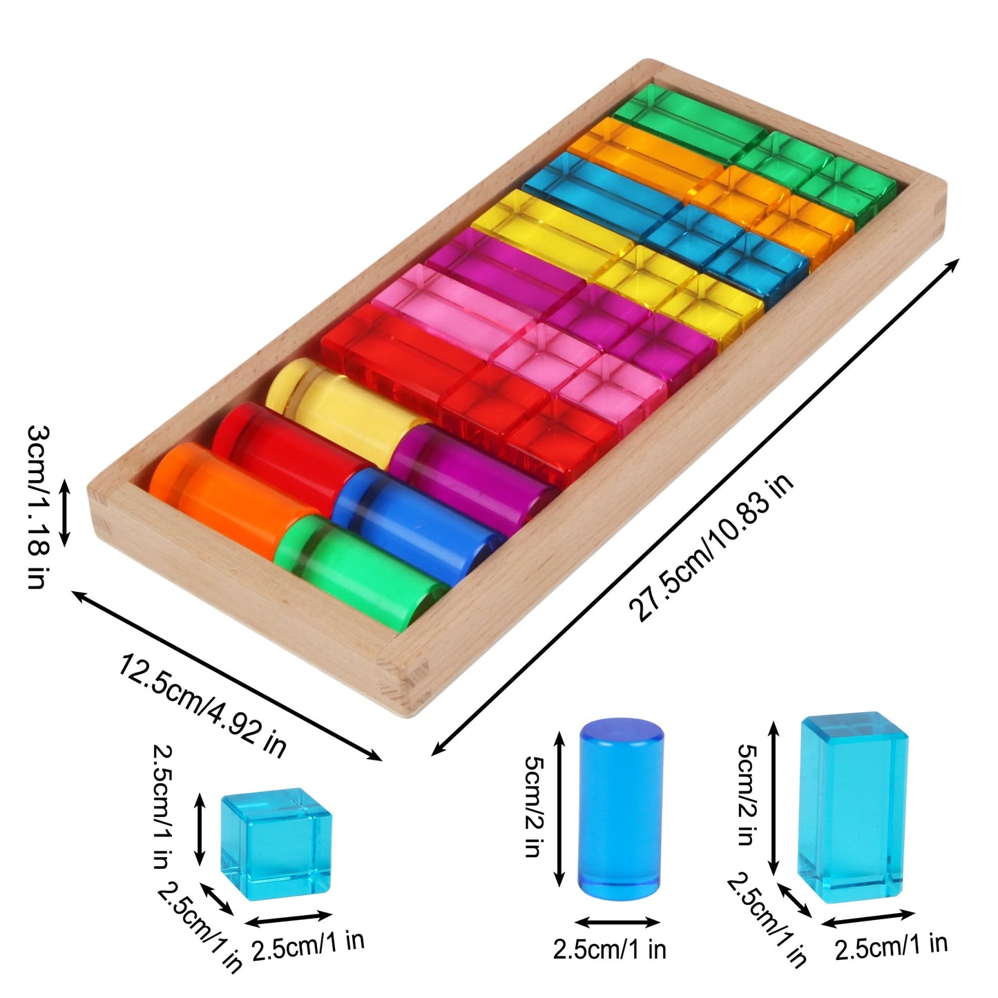 KOAICS 27PCS Rainbow Crystal Acrylic Blocks with Tray, 7 Colors Stacking Gem Blocks for Kids, 3 Shapes Cylinder, Cube, Cuboid Educational Sensory Light Learning Toys(Mixed Shape Acrylic Blocks)