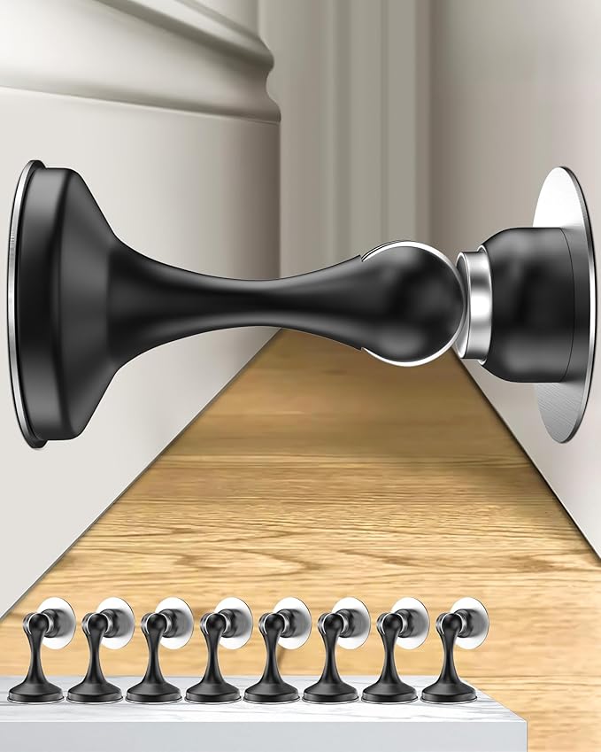 Crosize Magnetic Door Stoppers 8 Pack, Stainless Steel Door Stops for Wall and Floor Mounting, Door Holder Keep Door Open, No Drilling Door Stop with 3D Adhesive Tapes, Black