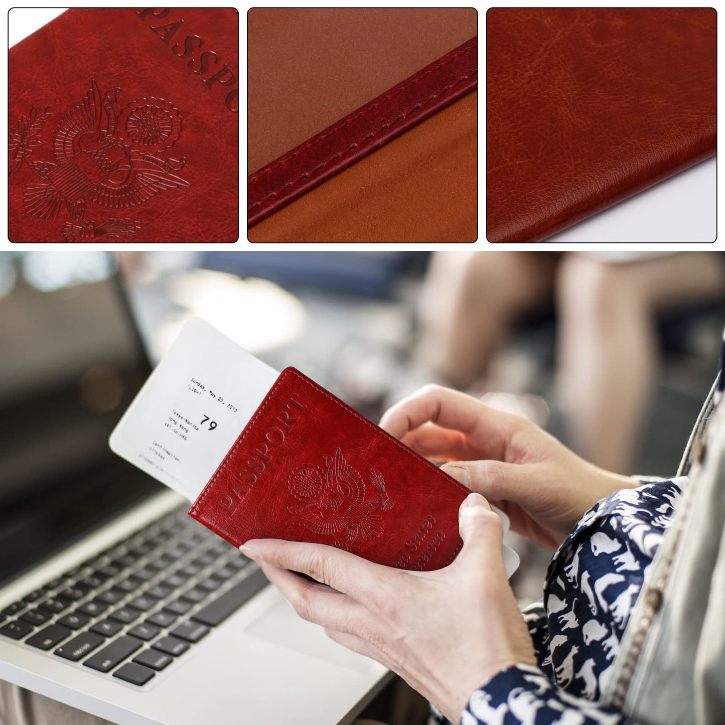 TIGARI Passport Holder for Travel Women Men, PU Leather Passport Wallet Cover Case Sleeve, Waterproof Protected Document Organizer, Family Vacation Plane Cruise Travel Essentials-Red