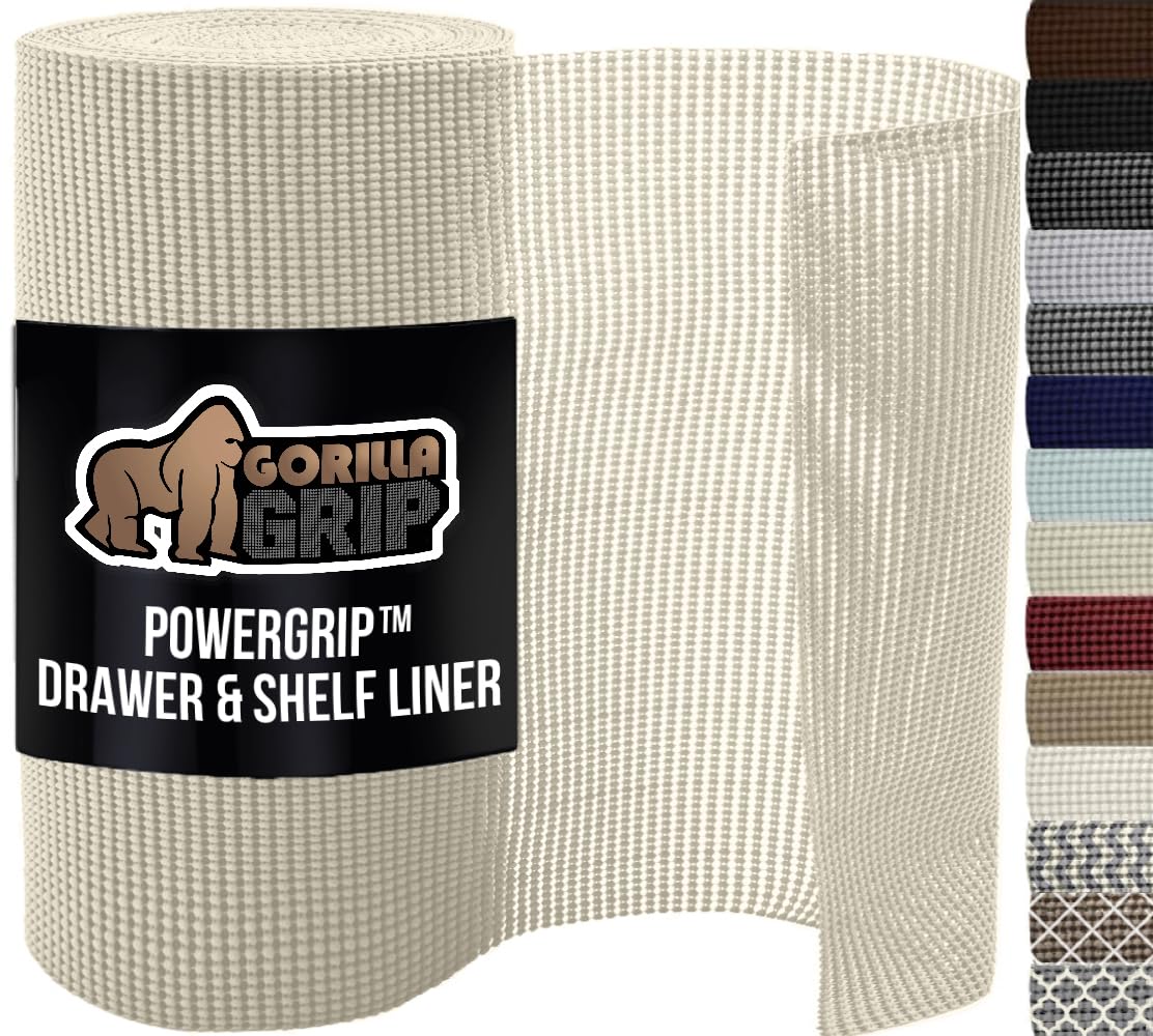 GORILLA GRIP powerGRIP Drawer Shelf and Cabinet Liner, Thick Strong Hold, Non-Adhesive Liners Protect Kitchen Cabinets and Cupboard, Bathroom Drawers, Easy Install, Breathable Mat, 12" x10', Beige