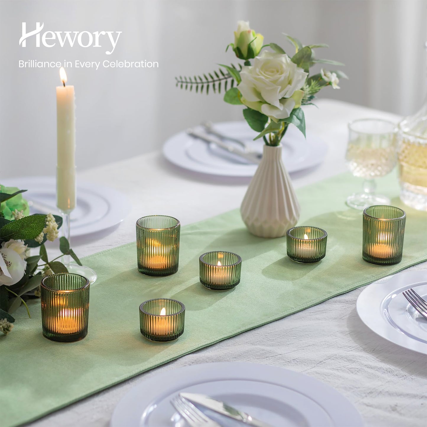 Hewory Glass Tealight Candle Holder: 24 Pcs Dark Green Votive Tea Lights Candle Holder, Ribbed Tea Light Holders Fall Decorations for Thanksgiving Table Centerpiece Wedding Party Home Decor