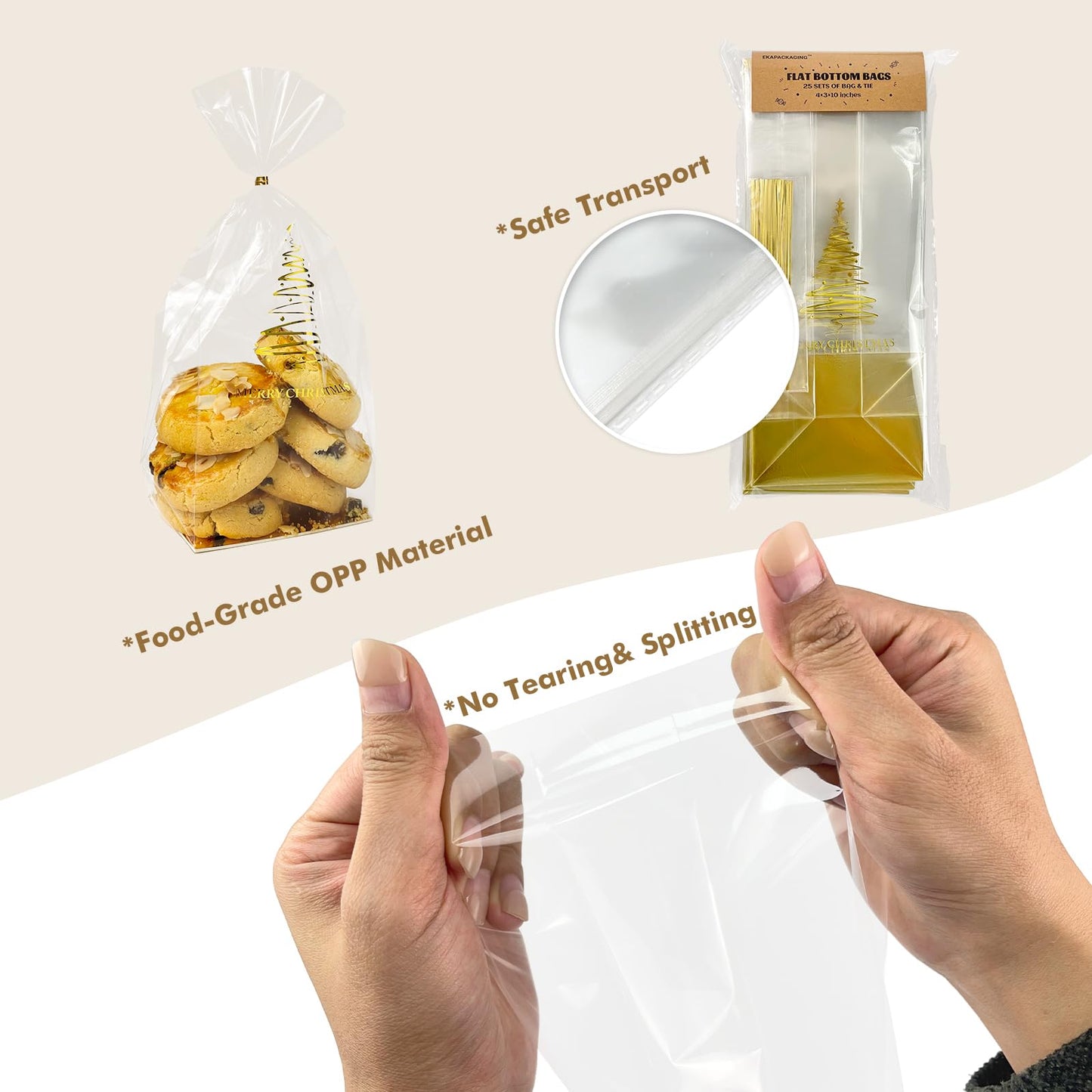 EKAPACKAGING 25 Pcs 4x3x10 Inch Gusseted Cellophane Bags Flat Bottom, Christmas Cookie Bags with Ties, Clear Cello Treat Bags for Smores, Party Favors, and Gifts
