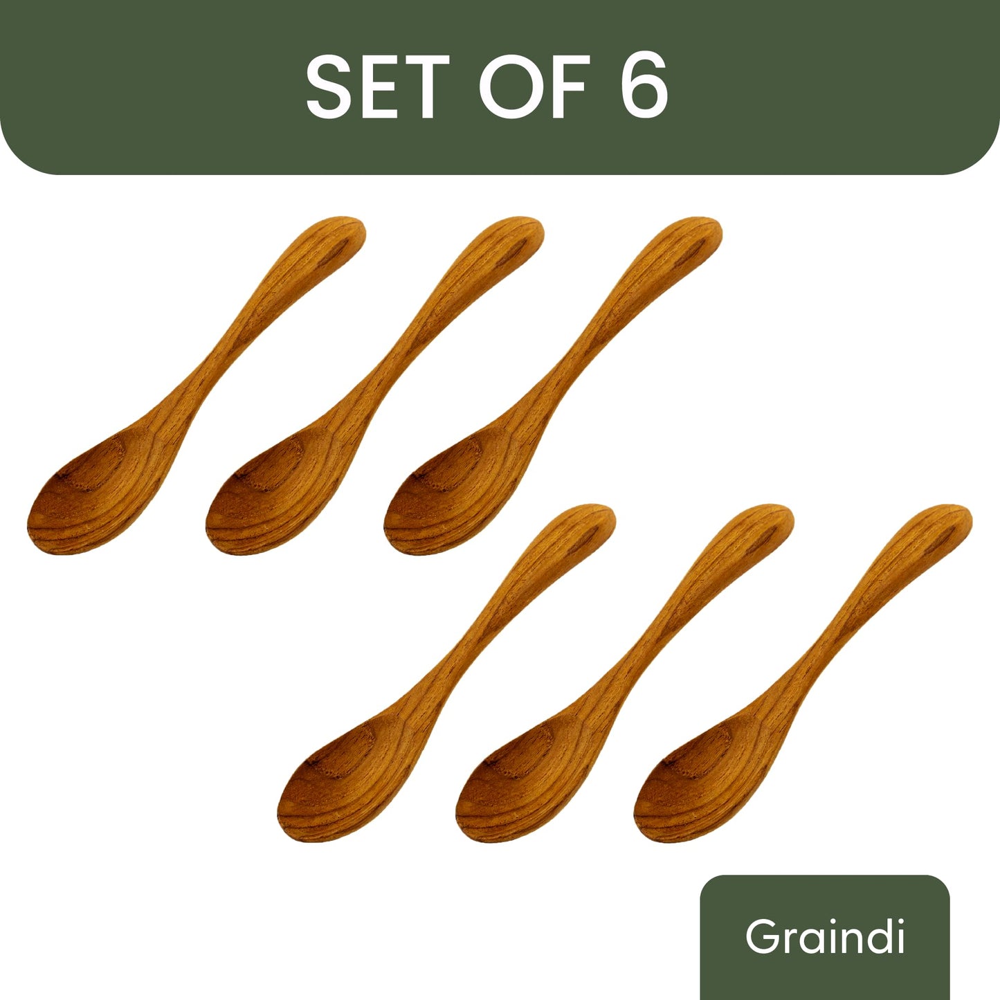 Teak Wood Spoons for Tea & Honey (Set of 6) | Small Wooden Teaspoons