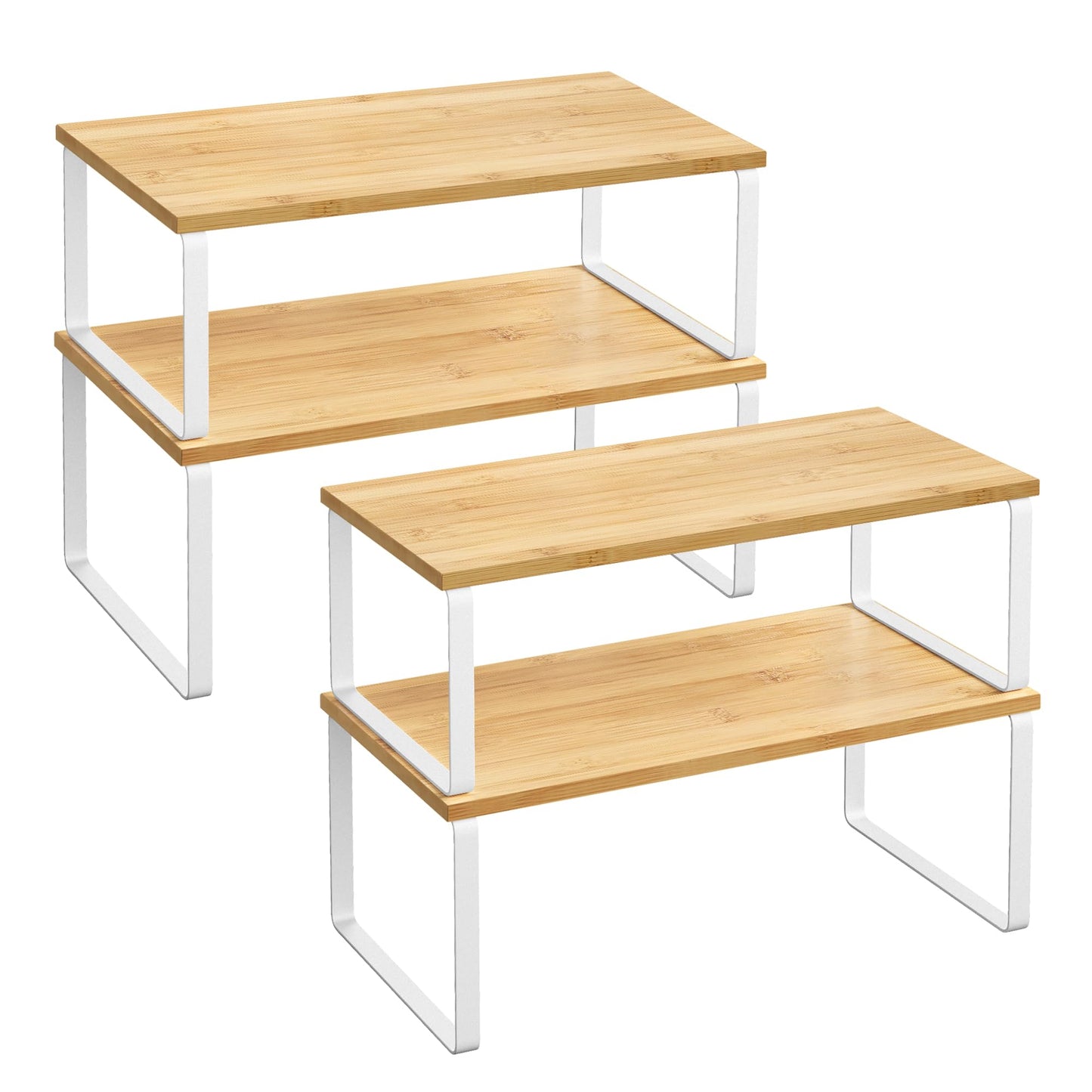 SONGMICS Cabinet Organizer Shelf, Set of 4 Kitchen Counter Shelves, Kitchen Storage, Spice Rack, Stackable, Expandable, Metal and Engineered Wood, Cloud White and Natural Beige UKCS010N01