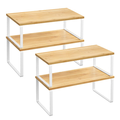 SONGMICS Cabinet Organizer Shelf, Set of 4 Kitchen Counter Shelves, Kitchen Storage, Spice Rack, Stackable, Expandable, Metal and Engineered Wood, Cloud White and Natural Beige UKCS010N01