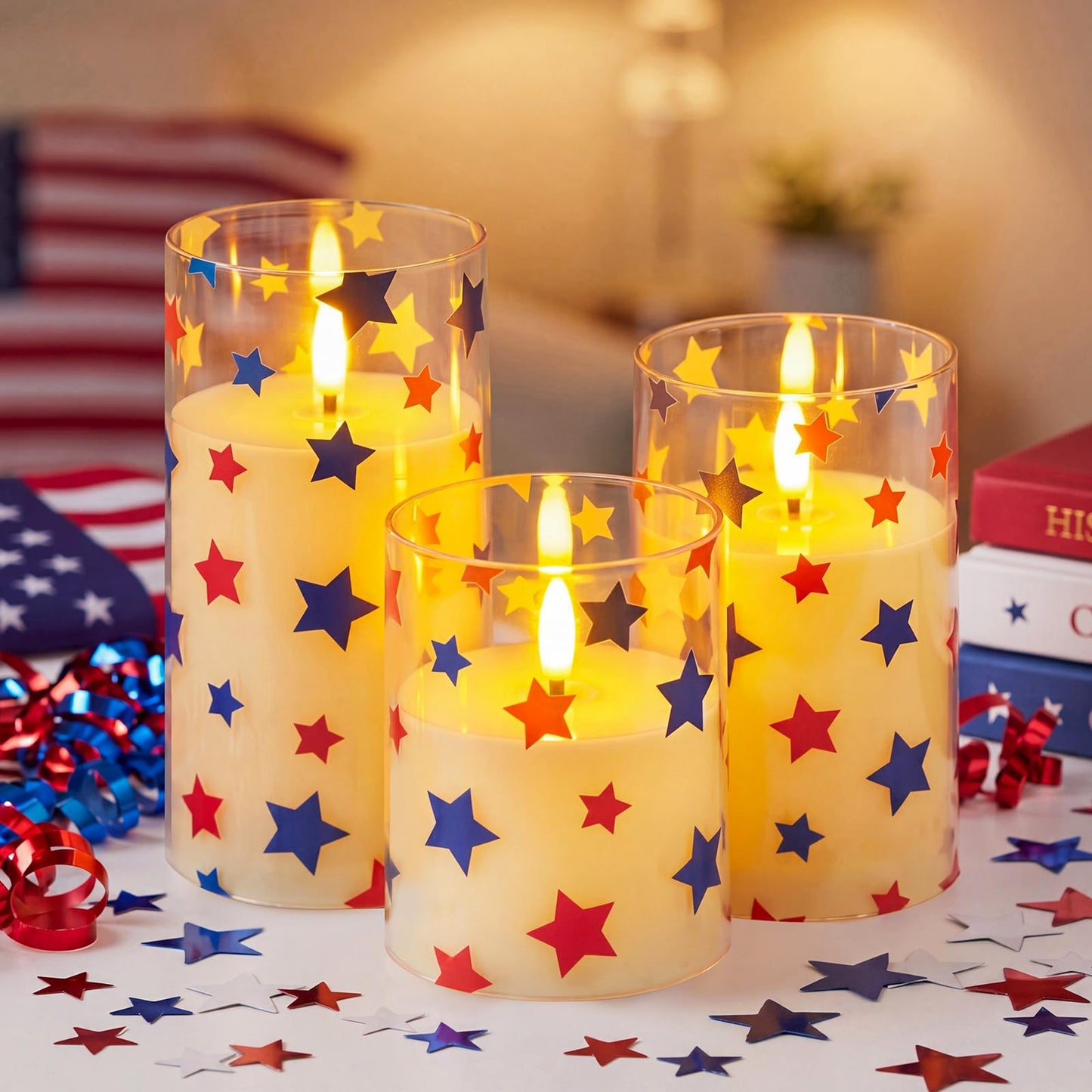 Blosssound 3 Pack 4th of July Flameless Candles Battery Operated Independence Day Stars in Blue Red Flameless Flickering Candles LED for Gifts Home 250th Patriotic Holiday 4th of July Table Decoration