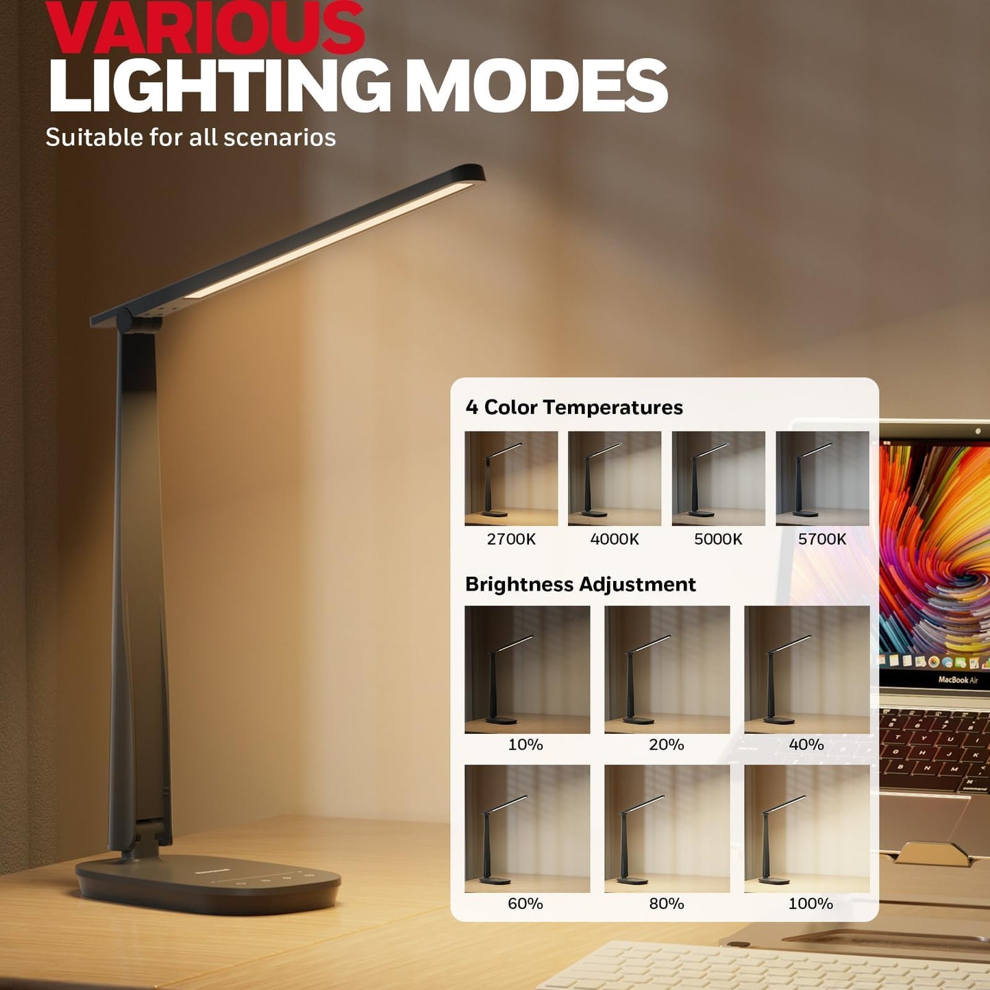 Honeywell LED Desk Lamp Eye Caring - Sunturalux H2 Table Lamp with USB Charging Port, 4 Colour Modes Stepless Dimmable, Auto Timer,Touch Control Foldable Desk Light for Home Office Bedroom Black