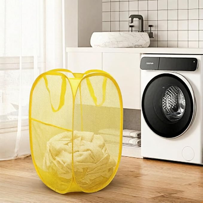The upgraded pop-up laundry basket features a breathable side pocket mesh design