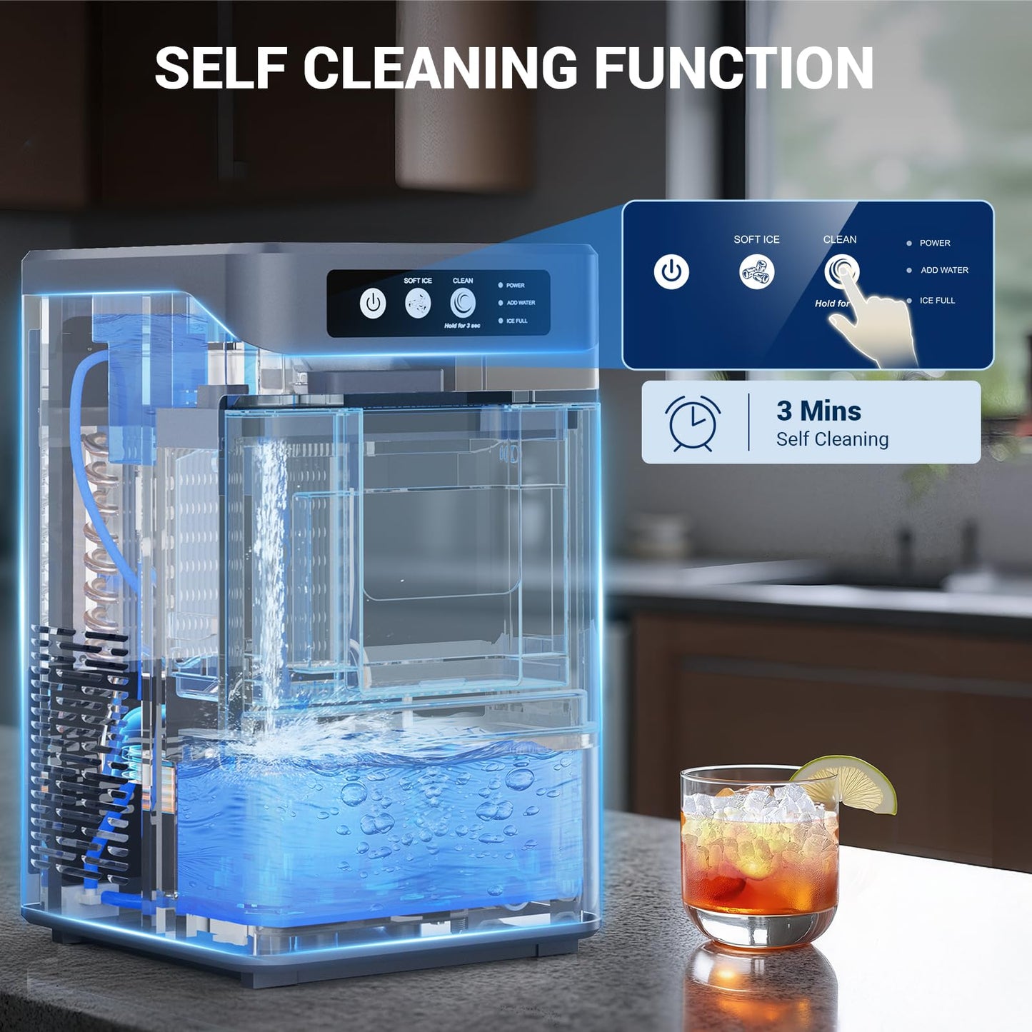 Nugget Ice Maker Countertop, 44lbs/24H with 0.8 Gallon Tank, ETL Approval, Chewable Soft Pellet Ice Ready in 5 Mins, Stainless Steel Countertop Ice Maker with Self-Cleaning for Home, Office, RV