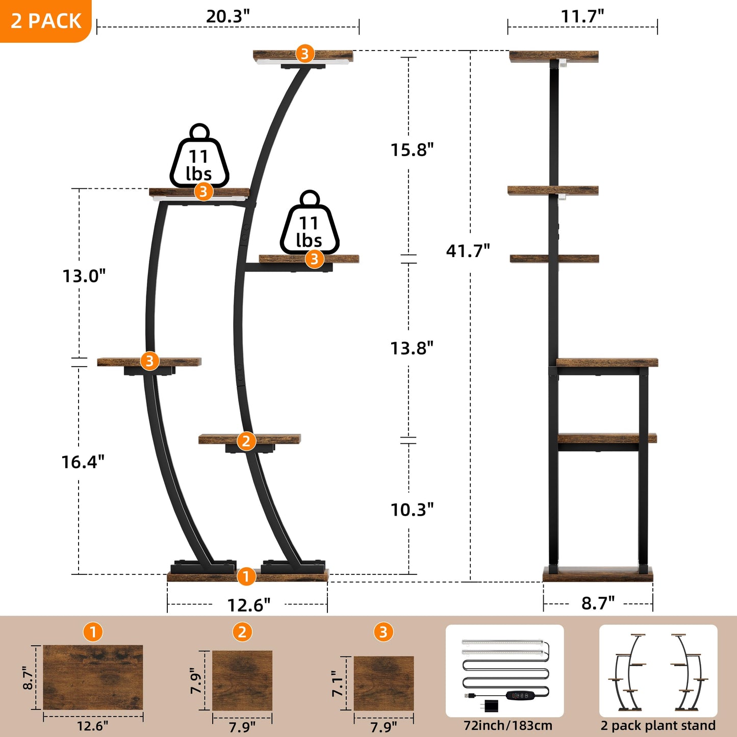 BACEKOLL Plant Stand Indoor with Grow Lights, Plant Shelf Indoor 2 Pack, Corner Plant Stands for Indoor Plants, 6 Tiered Plant Flower Display Shelf, Half-Moon Plant Rack for Home, Living Room, Black