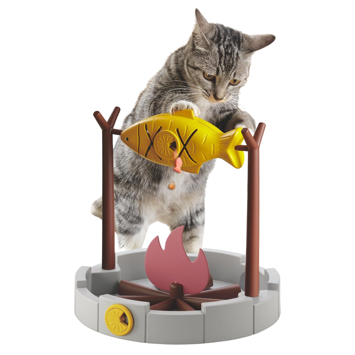 PetPals 11" High Cats Treat-Dispensing Slow Feeder,Pets Dry Food Dispenser,Cats Slow Feeding Snack Bowl, Grilled Fish Spinning Toy, Food Puzzle Cat Toy