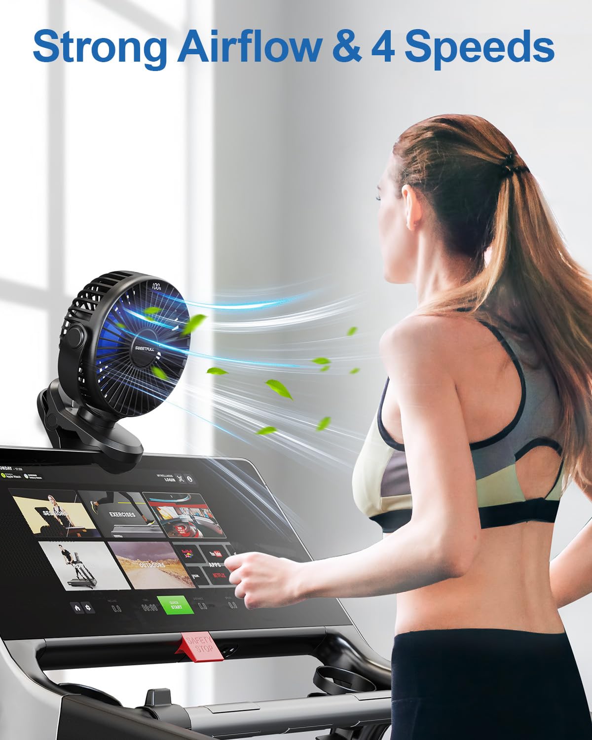 SWEETFULL Portable Clip on Fan - Battery Operated Stroller Fan, 4000mAh Small Rechargeable Fans with LED Display, 4 Speeds, Mini Personal Cooling Desk Cooler for Golf Cart Travel Camping Gym (Black)