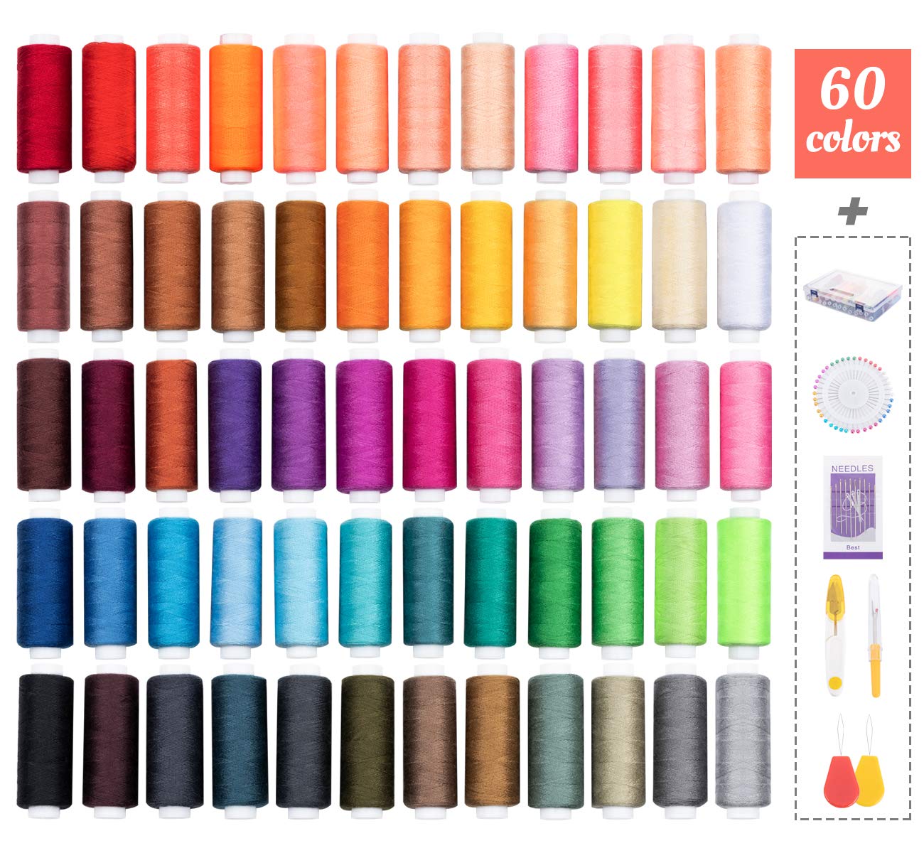 ilauke Sewing Thread Set 60 Color 228m Each Spool Polyester Thread Kit with 10 Sewing Needles, 2 Needle Threader, Yarn Scissors, Stripper and Pearl Needle for Hand or Machine Sewing