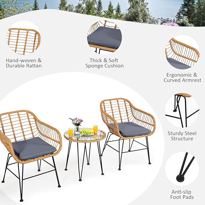 Tangkula 3 Pieces Patio Bistro Set, Rattan Conversation Set