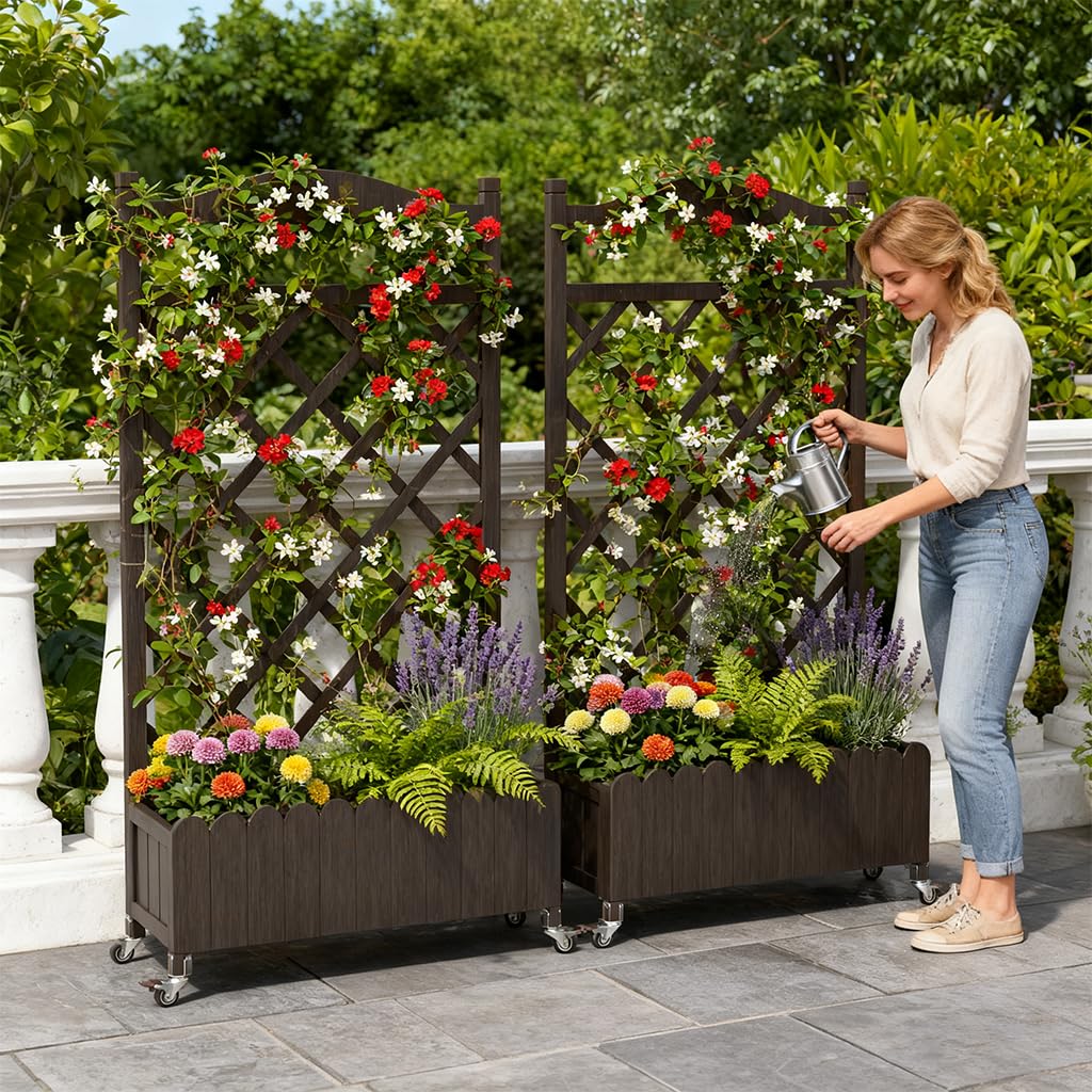 COMHOMA 2 Pack Raised Garden Bed with Trellis and Wheels,48Inch Elevated Planter Box with Drainage Holes,Lattice Privacy Screen for Climbing Plants Vegetables,Outdoor for Patio Balcony Yard,Brown