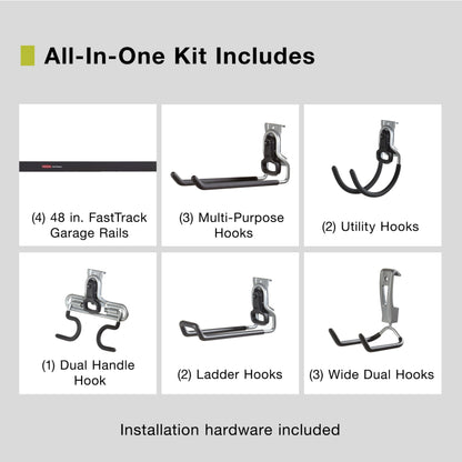 Rubbermaid 15-Piece FastTrack Garage Wall-Mounted Storage Kit, 4 Rails and 11 Hooks, for Home/House/Tool/Sports/Equipment/Utility Purposes