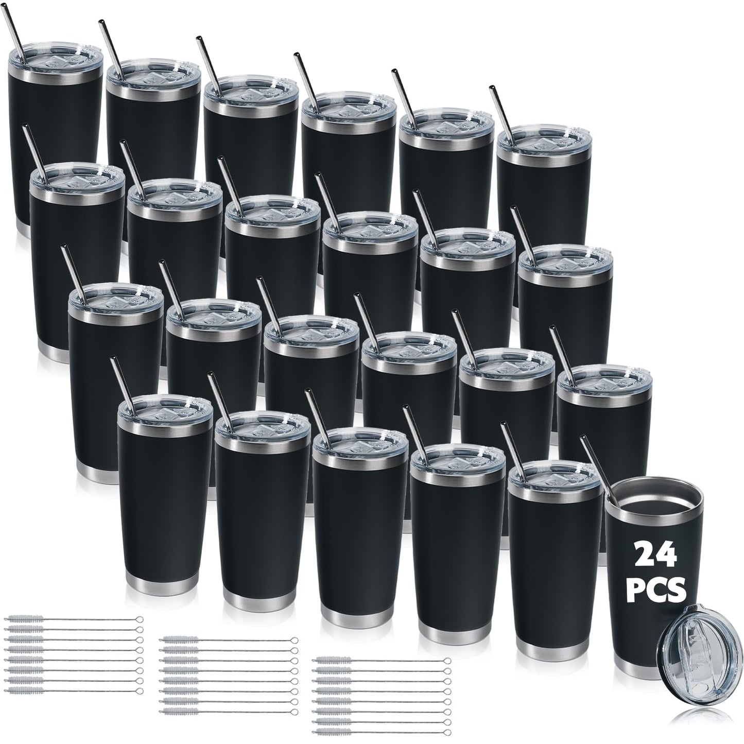 KDJFIIH 24 Pack Black 20oz Stainless Steel Tumblers with Lids & Straws, Double Wall Vacuum Insulated Leakproof Travel Mug for Hot/Cold Drinks, Powder Coated Bulk Cups for Wedding Party Office Gift