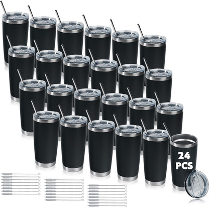 KDJFIIH 24 Pack Black 20oz Stainless Steel Tumblers with Lids & Straws, Double Wall Vacuum Insulated Leakproof Travel Mug for Hot/Cold Drinks, Powder Coated Bulk Cups for Wedding Party Office Gift