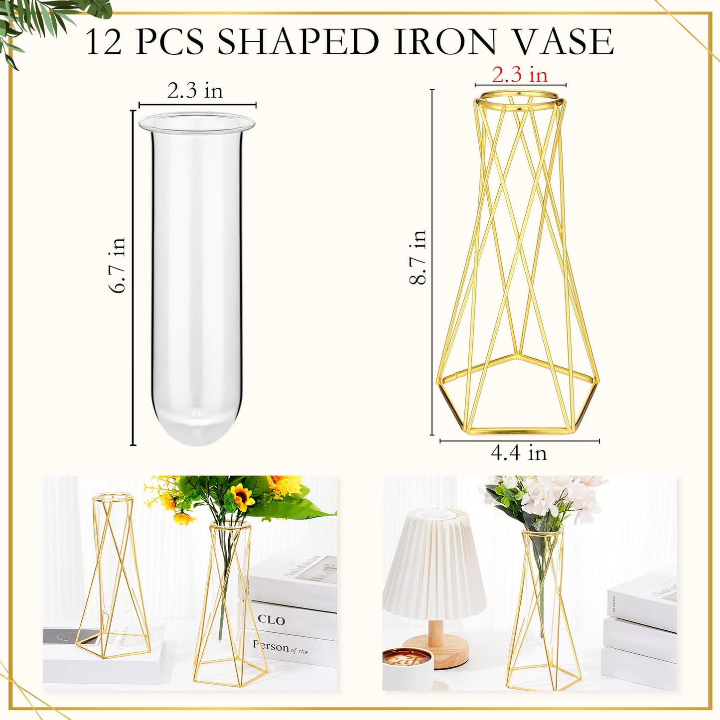 Dandat 12 Pcs Gold Geometric Vase for Centerpieces Glass Vase with Metal Stand Hydroponic Plant Flower Vase Modern Vase for Wedding Home Office Centerpiece Decor (8.7 Inch)