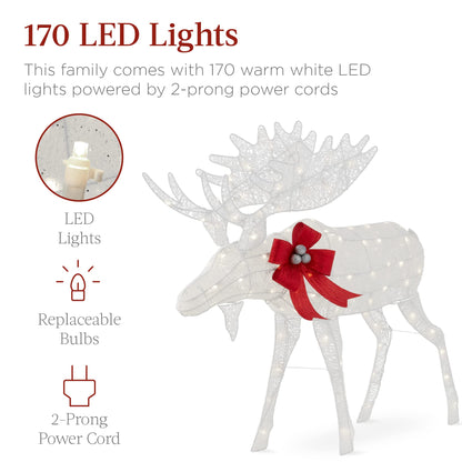 Best Choice Products 2-Piece Moose Family, Lighted Outdoor All-Weather Christmas Yard Decoration Light-Up Décor Set w/ 170 LED Lights, Ground Stakes, Zip Ties - White