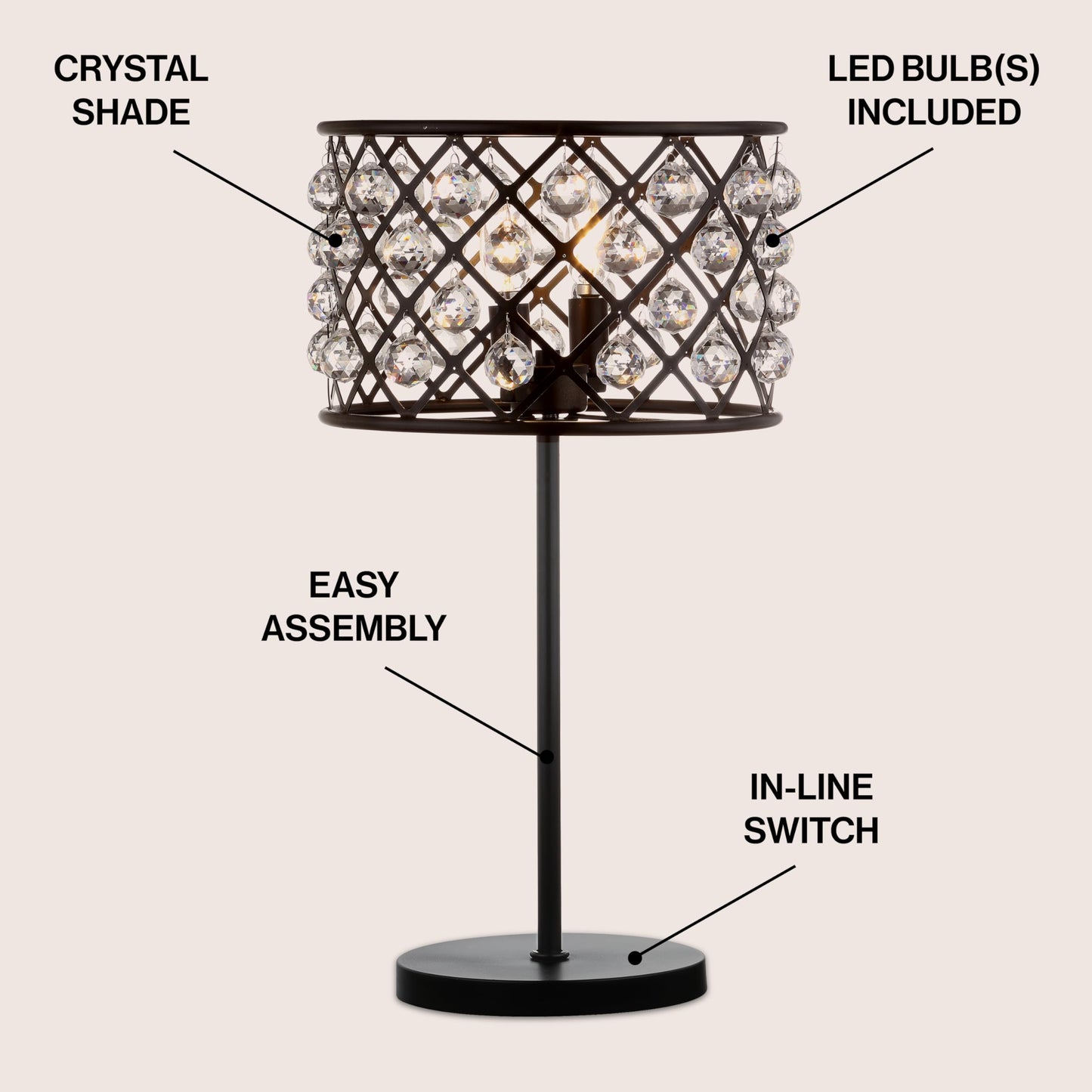JONATHAN Y 22.5" Oil Rubbed Bronze 2-Light Crystal and Iron Table Lamp, Modern Glam Bedside Nightstand Lamp with Clear Crystal Spheres, UL Listed, LED Bulbs Included JYL9022A