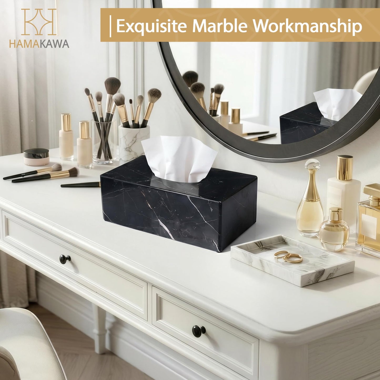 HAMAKAWA Natural Marble Tissue Box Cover, Black Tissue Organizer 10 x 5.5 x 3.9 inch, Heavy Stone Decorative Box, Rectangle Tissue Box Holder for Home Decor, Kitchen, Bathroom, Bedroom