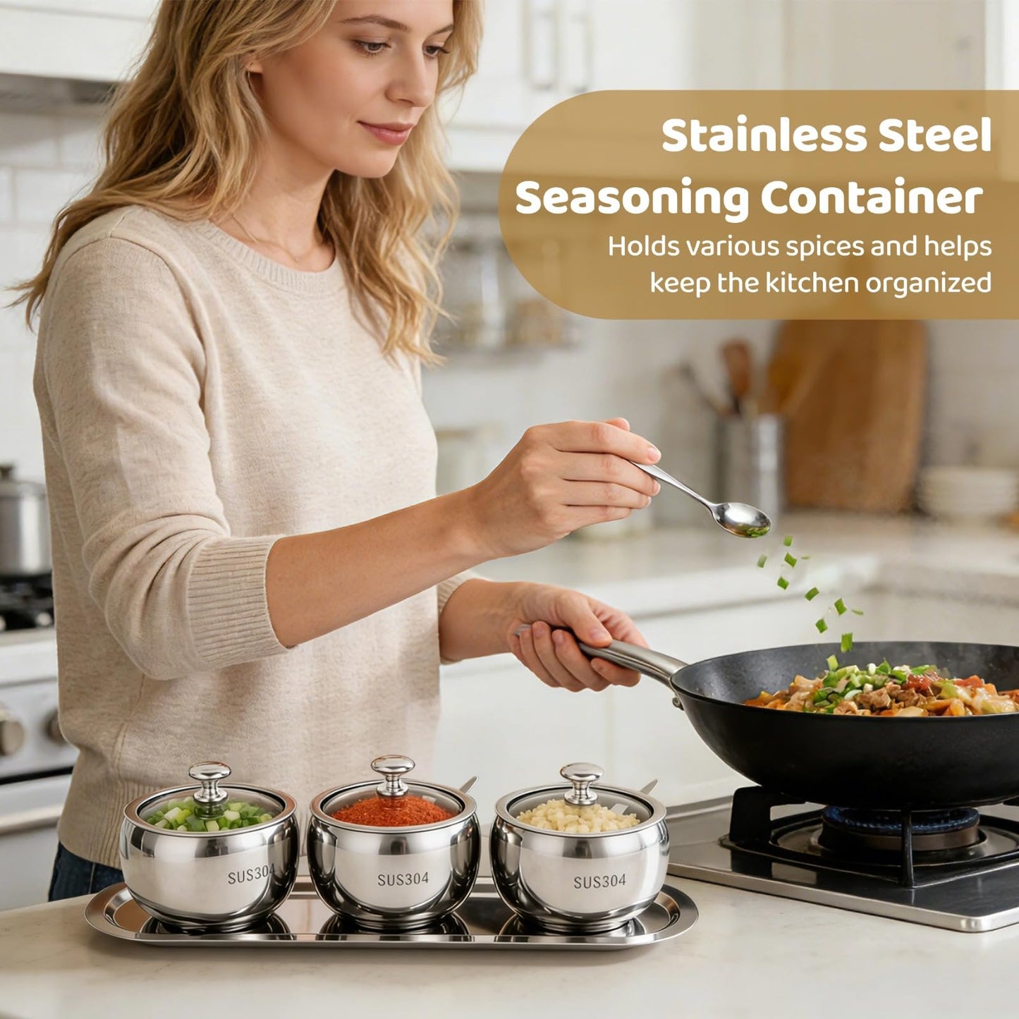COSYOO 3 Pcs 304 Stainless Steel Seasoning Container Set with Tray, Includes Spoon Lid for Each Jar, Spice Pots on Tray, Ideal for Home Kitchen Storage of Salt, Sugar, Pepper