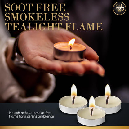 L’ner 1.5 Hour MINI Tealight Unscented Candles, 100 Pack – Smokeless & Dripless Tea Lights, Plant-Based Wax, Lead-Free Cotton Wick – Premium Quality Tea Light for Shabbat, Memorial, Home, Weddings