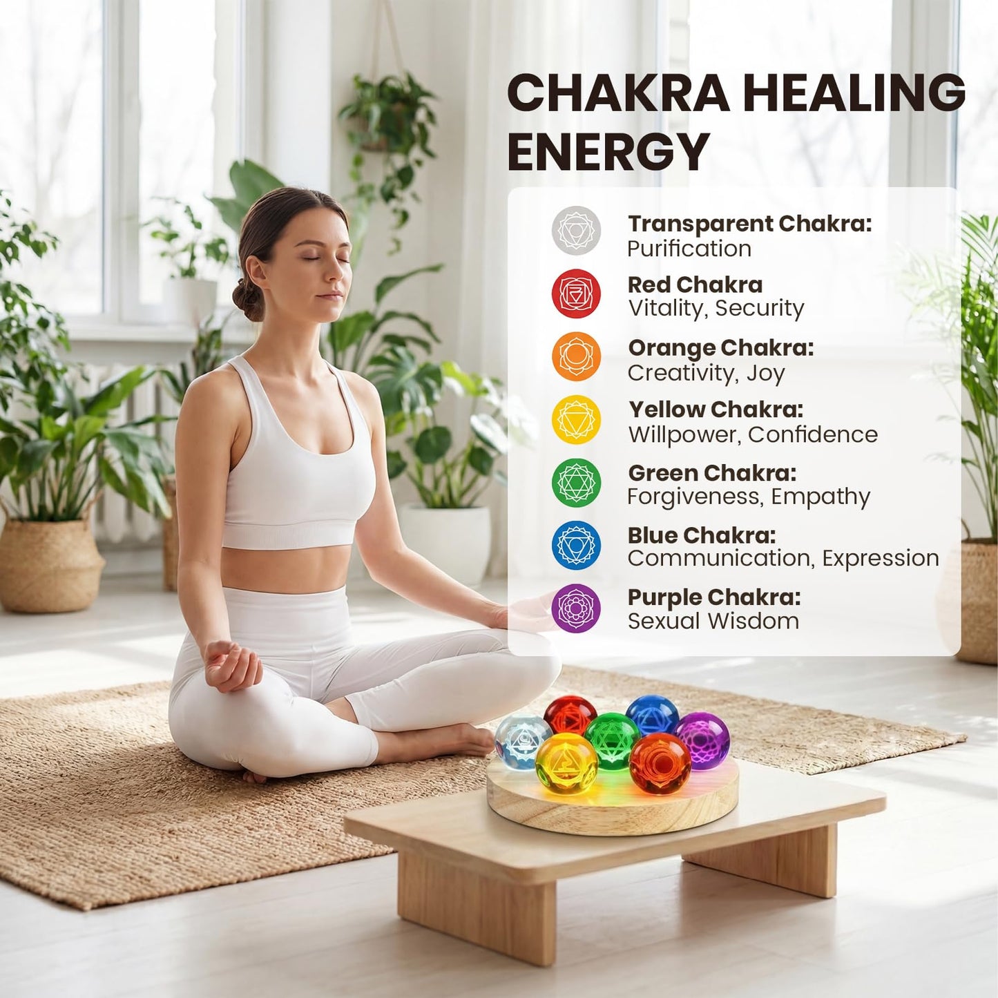 Hivexagon 7 40mm Chakra Crystal Ball Equipped with LED Wooden Base Come with Dimmer and Timer Cable for Meditation, Feng Shui Divination, Night Light Decorative, Gift (16X16X2cm)