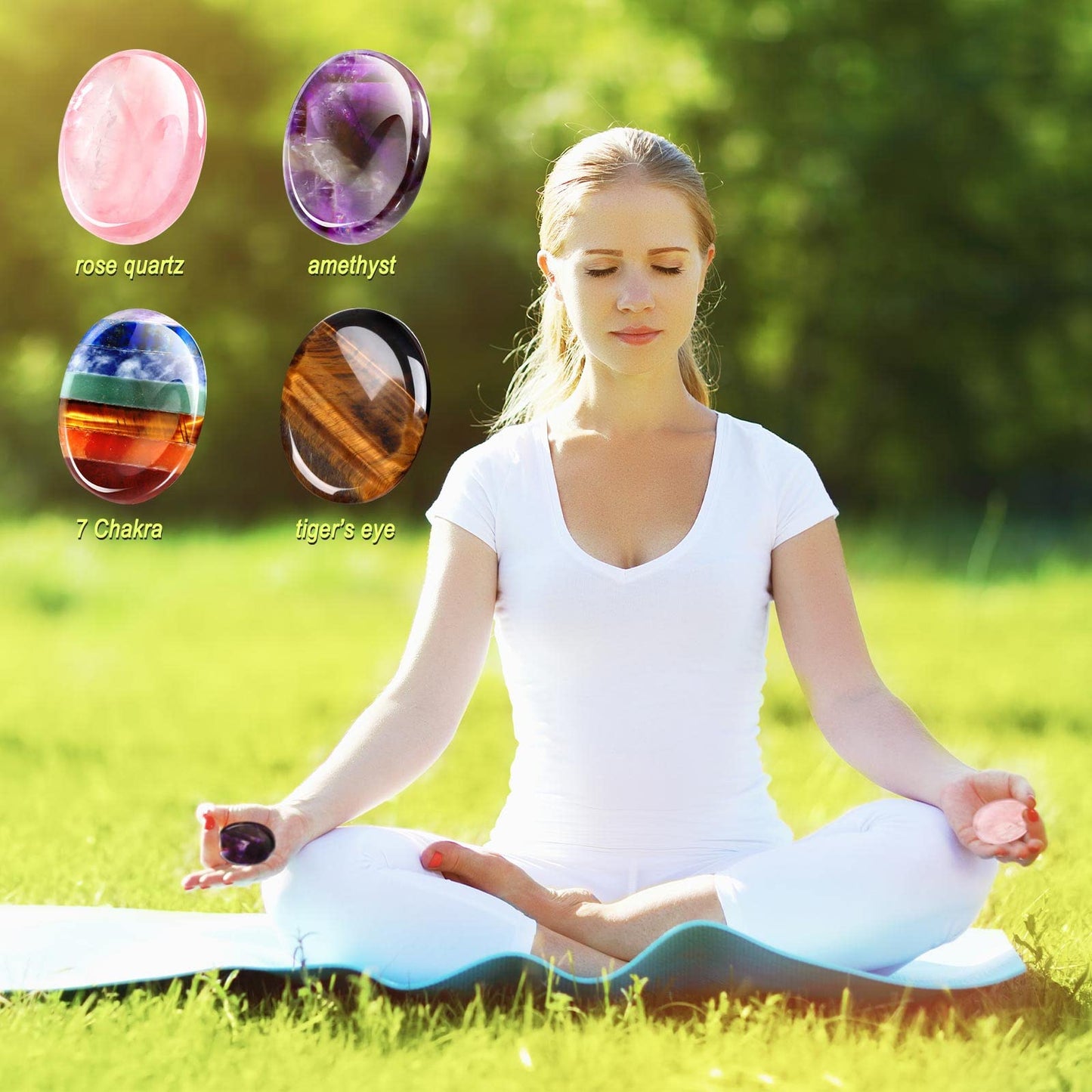 Roowest 4 Pcs Thumb Worry Stone for Anxiety Natural Crystal Healing Stone Chakras Amethyst Tiger Eye Quartz Pocket Hug Gift for Office Stress Meditation(Chromashift,Oval)