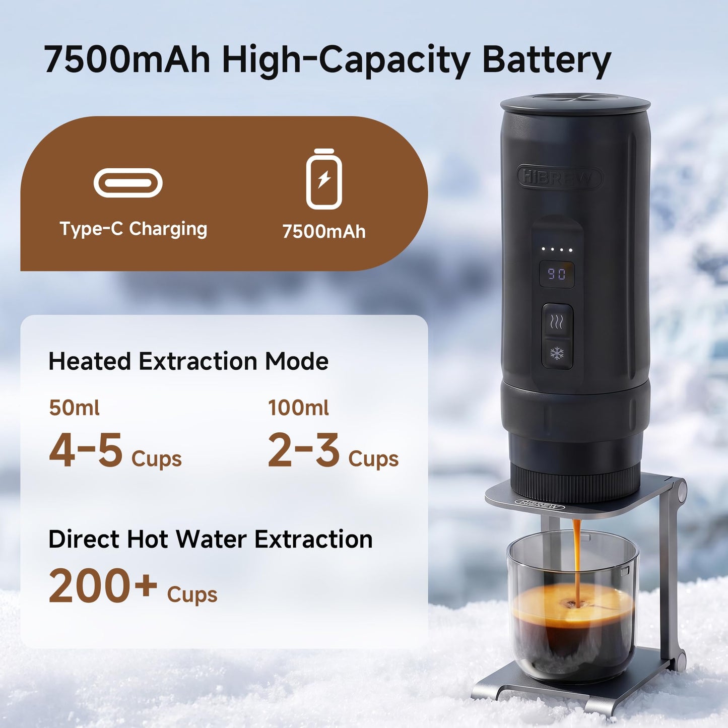 HIBREW H4C Ultra Portable Electric Espresso Maker, 51mm Bottomless Professional Coffee Maker, USB-C Rechargeable for Ground Coffee, Compact for Camping and Travel, with Foldable Holder & Carrying Case