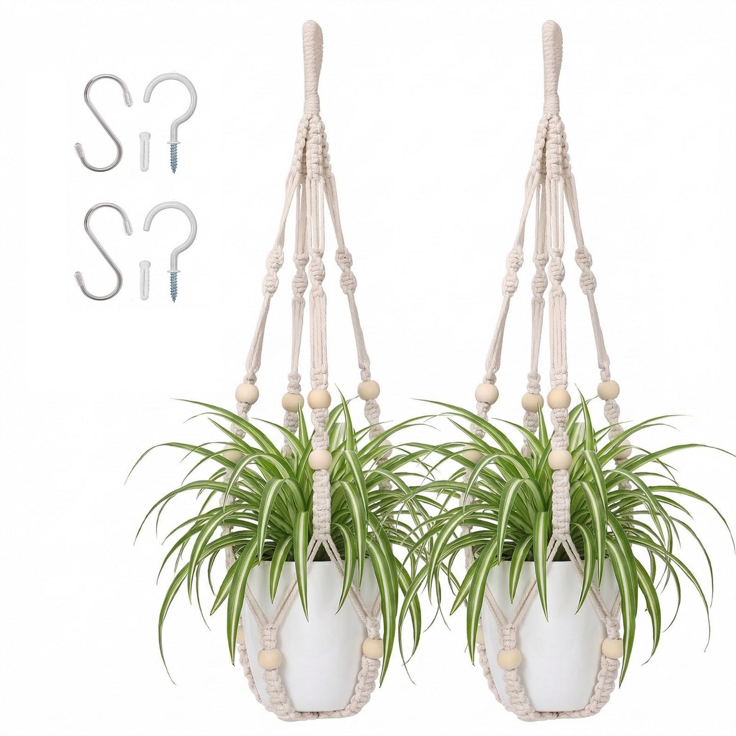 mivofo Macrame Plant Hanger 23", Set of 2 No Tassel Hanging Plant Holder Indoor, Sturdy Flower Pot Holder with 4 Hooks - Ivory (Pot NOT Included)
