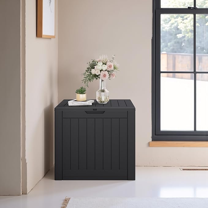 JUMMICO 42 Gallon Deck Box Waterproof, Resin Outdoor Storage Box with Side Handles, Outdoor Storage Benches Lockable for Patio Cushions and Garden Tools (Black)