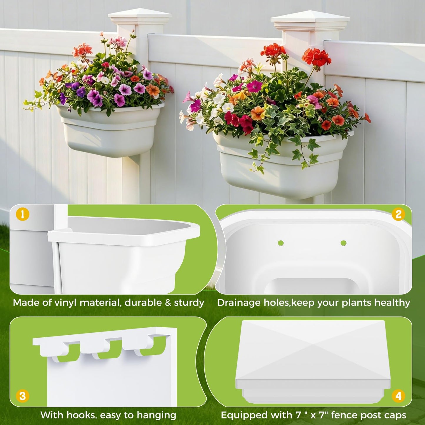 Maixinbuy Hanging Planters for Outdoor Plants - Fence Hanging Planters for PVC Fence, Plant Hangers Hanging Plant Flower Pots White with Post Caps for Garden Yard Decor, Easy Install - 4 Pack