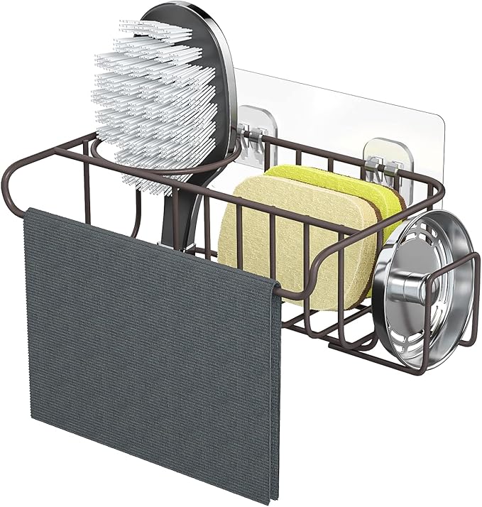 HapiRm 4 in 1 Adhesive Kitchen Sink Organizer, SUS304 Stainless Steel Brush