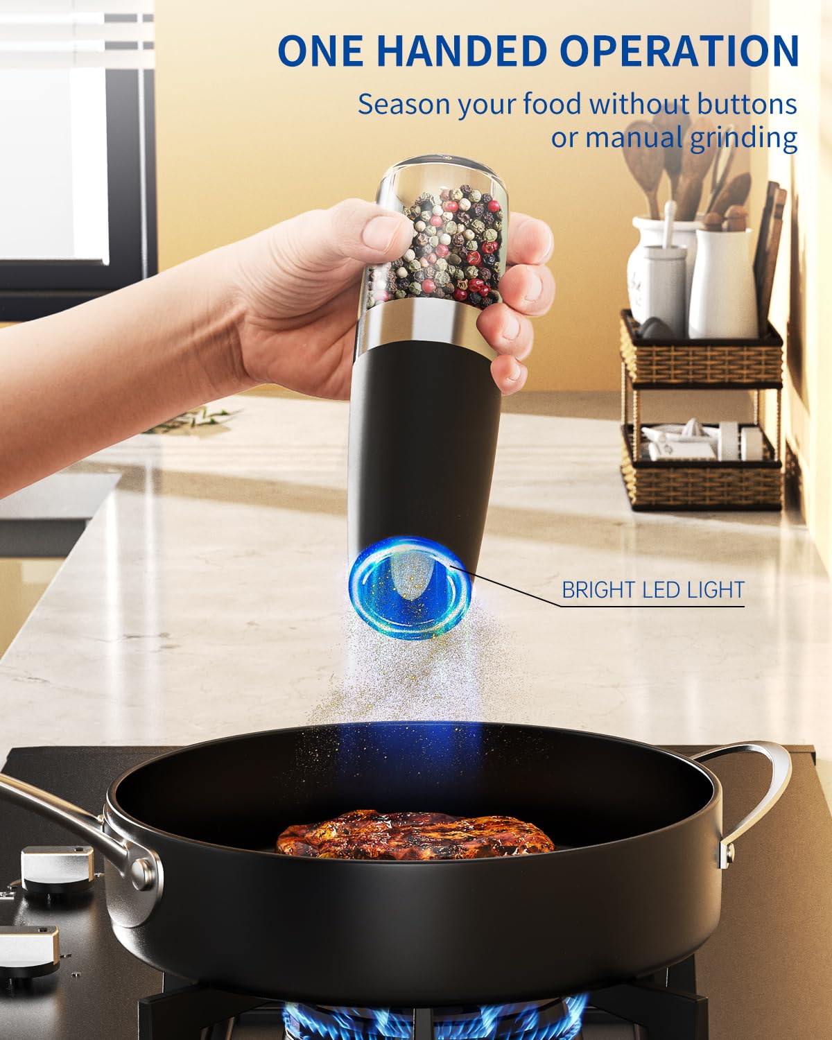 CIRCLE JOY Gravity Electric Salt and Pepper Grinder Set Automatic Salt and Pepper Grinder Set with LED Light, Battery Operated, Adjustable Coarseness, Large Capacity, for Home Kitchen BBQ, Black