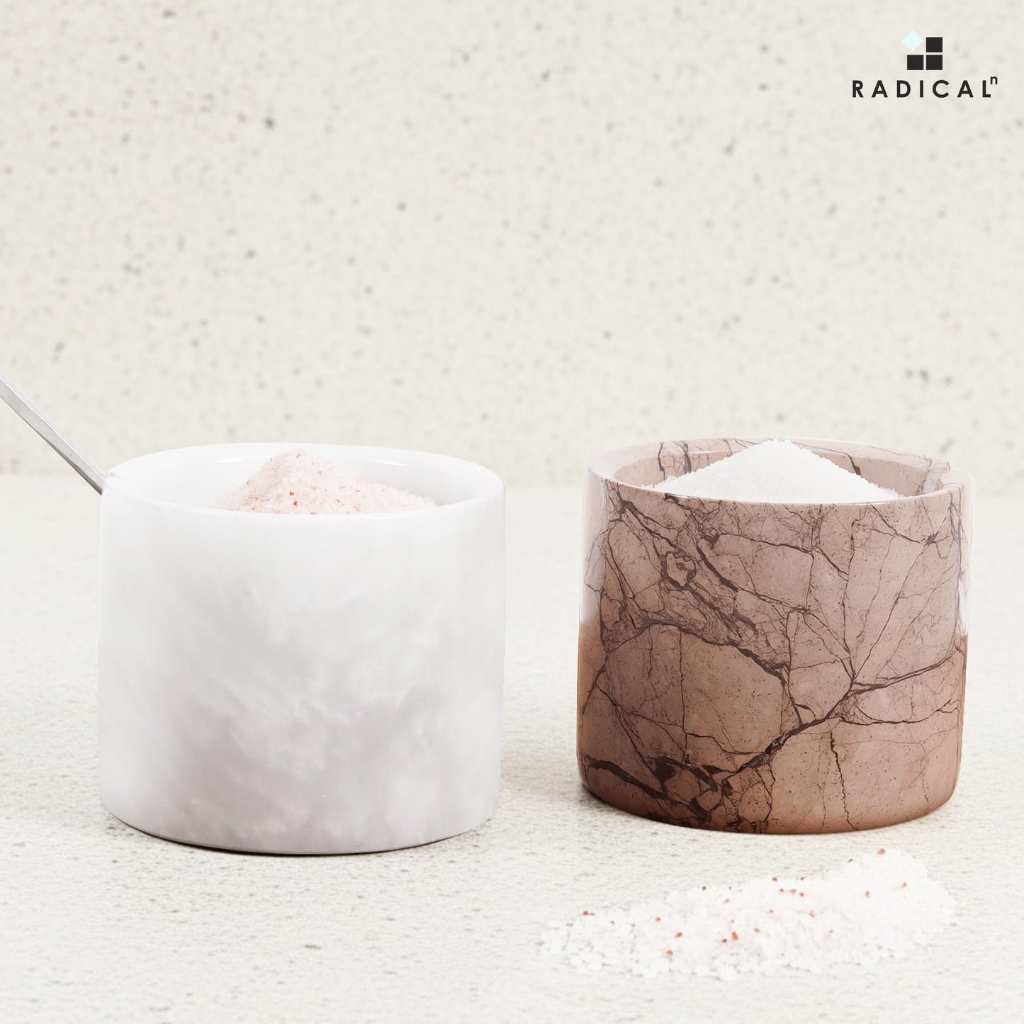 Radicaln Marble Salt Cellar with Lid and Tray 3" Inch White and Marinara Handmade Set of 2 Seasoning Jars For Kitchen Storage, Ideal Table Sugar Bowl & Salt Dish For Countertop