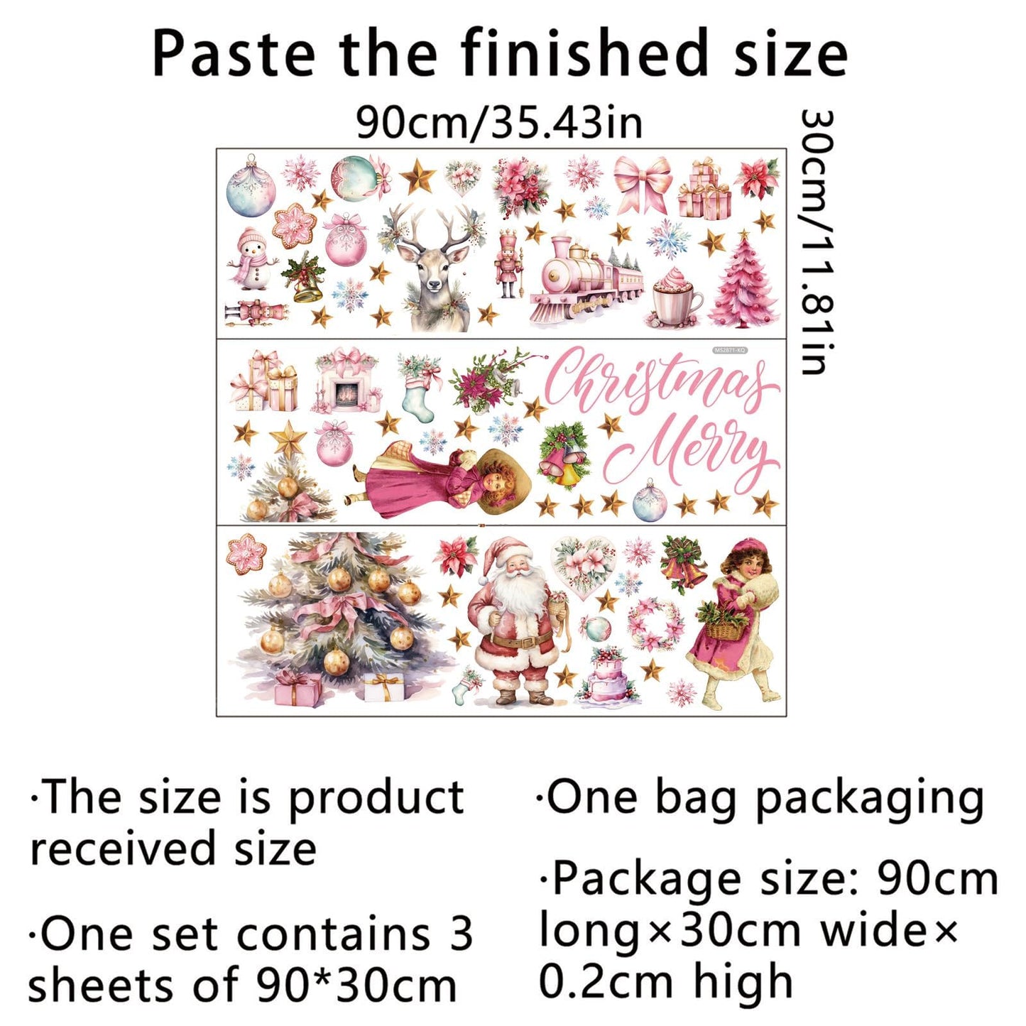 Pink Christmas Wall Decal Merry Christmas Wall Sticker Removable Christmas Tree Santa Girl Wall Decals Decor for Winter Christmas Holiday Party Supplies Home Window Decor