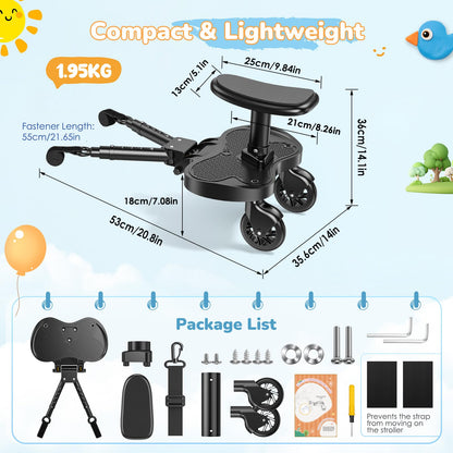 BugyKido Buggy Board, Universal Buggy Board with Seat for Children, Baby Kiddy Board, Stroller Accessory from 2-6 Years (25 kg), for Over 99% of Baby Carriages, Black Wheels