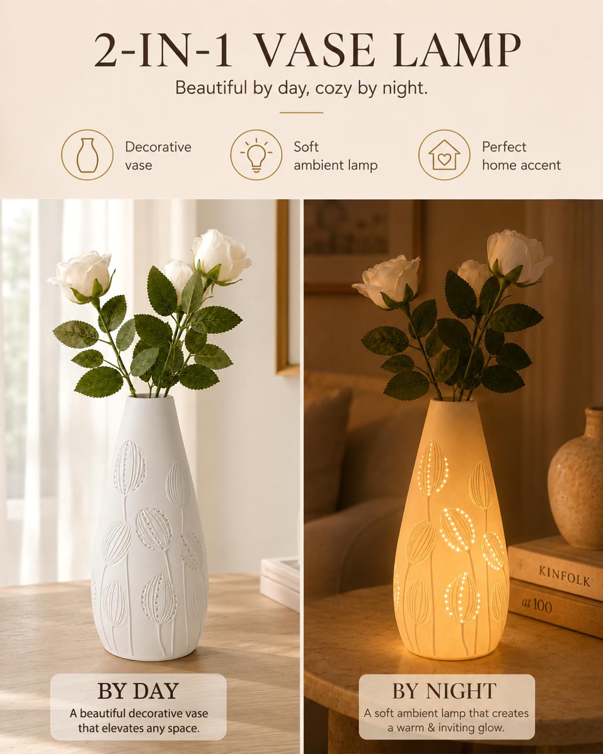TACAHE Ceramic Vase Table Lamp, 2700K Bulb & 3 Artificial Flowers Included, E12 Socket, Inline Switch, Handmade Openwork Craft, Ambient Light for Living Room Bedroom - Tulip 11"