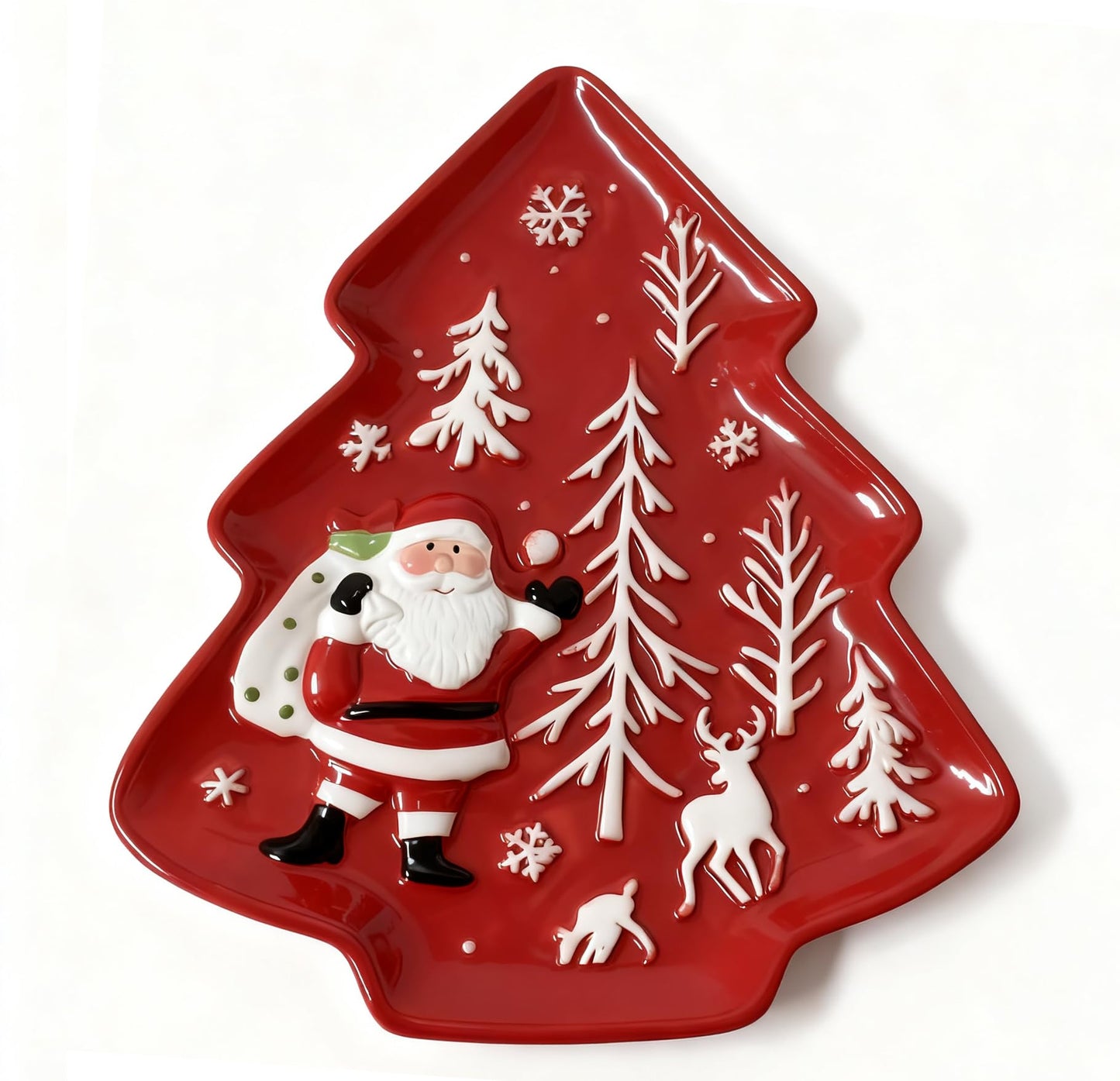 Loticy 10.3 Inches Christmas Tree Plates Chip & Dip Set, Red Xmas Ceramic Snack Plate, Santa Claus High Relief Porcelain Appetizer Dessert Fruit Salad Saucers Bowls, Cutlery Platter Serving Dishes