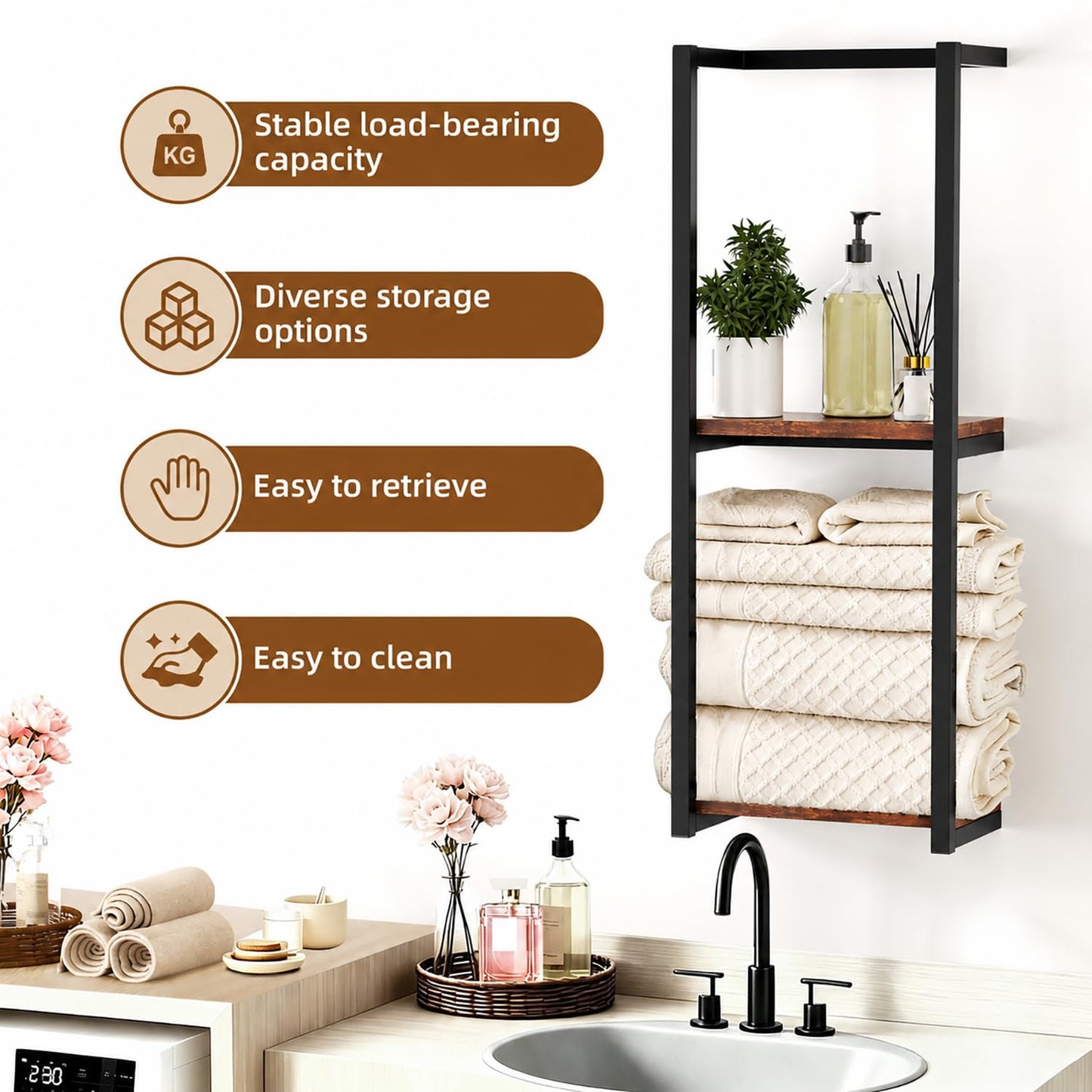 GOTFLYO Towel Racks for Bathroom, 2 Tier Wall-Mounted Towel Rack, Home Decor Shelf, Space-Saving Organizer Rack for Household, Bathroom, and Bedroom