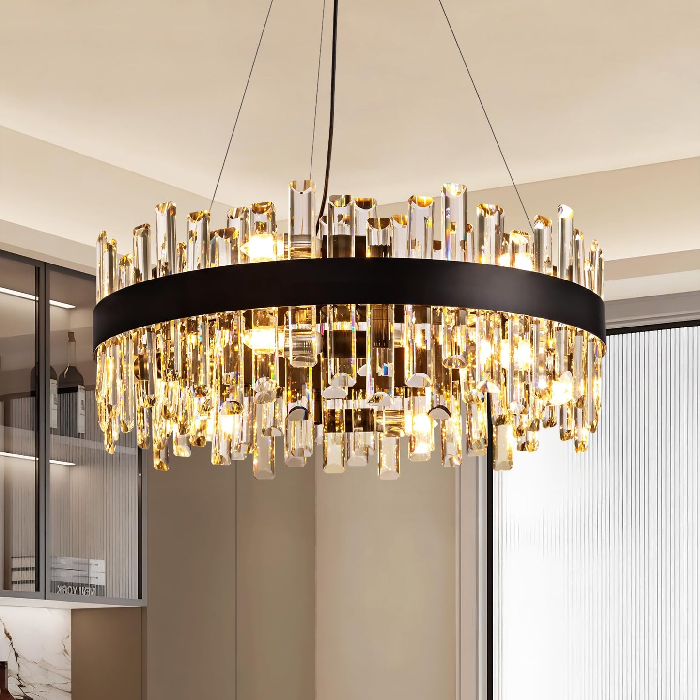 Siljoy 23.6'' Modern Crystal Chandelier, Luxury 2-Tiers Raindrop K9 Crystal Adjustable Flush Mount Hanging Ceiling Light for Dining Living Room Kitchen Entryway Foyer, E12 x 12, Matte Black