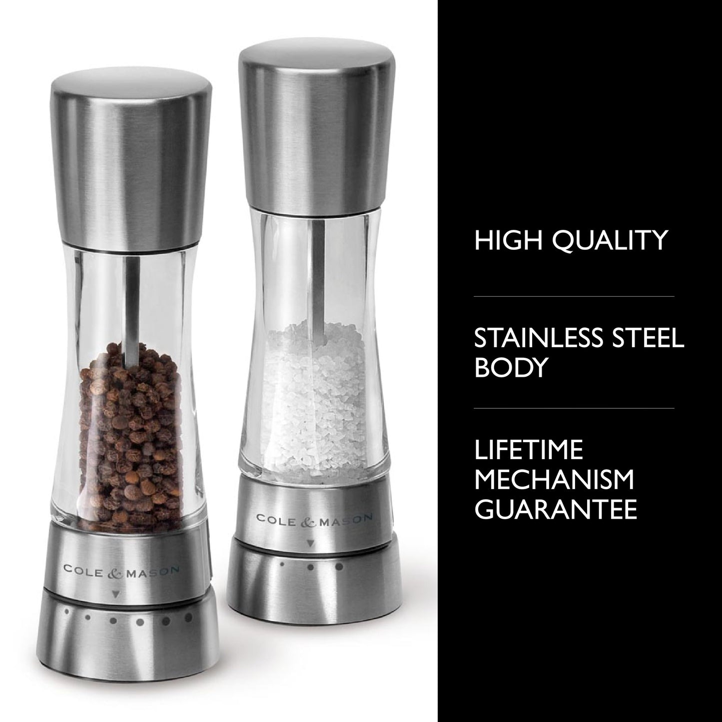 Cole & Mason Derwent Grinder Set - Precision Mechanisms and Sea Salt and Peppercorns - Derwent Salt and Pepper, Stainless Steel