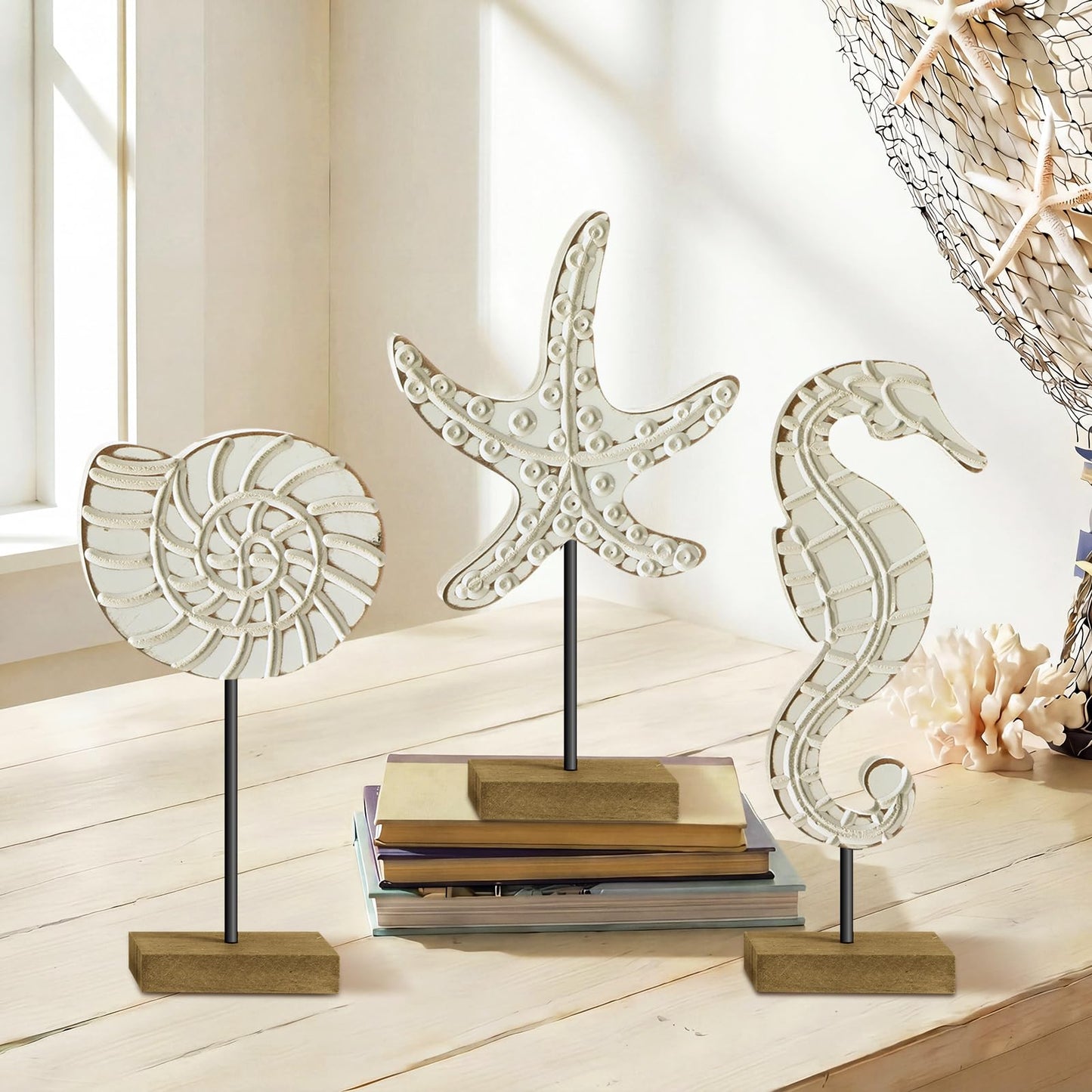 Leinuosen 3 Pcs Wooden Beach Ocean Table Decor White Neutral Coastal Table Centerpiece Rustic Decorative Wood Nautical Figurines Sea Life Starfish Conch Seahorse Statue for Ocean Beach Home Decor