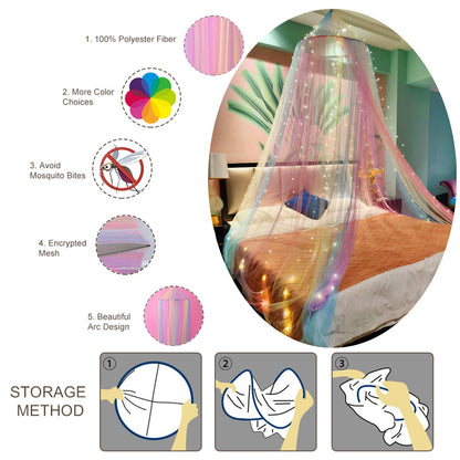 Eimilaly Princess Rainbow Bed Canopy with 250pcs Warm White Curtain Lights, Bed Canopy for Girls Room Decor or Unicorn Theme Party