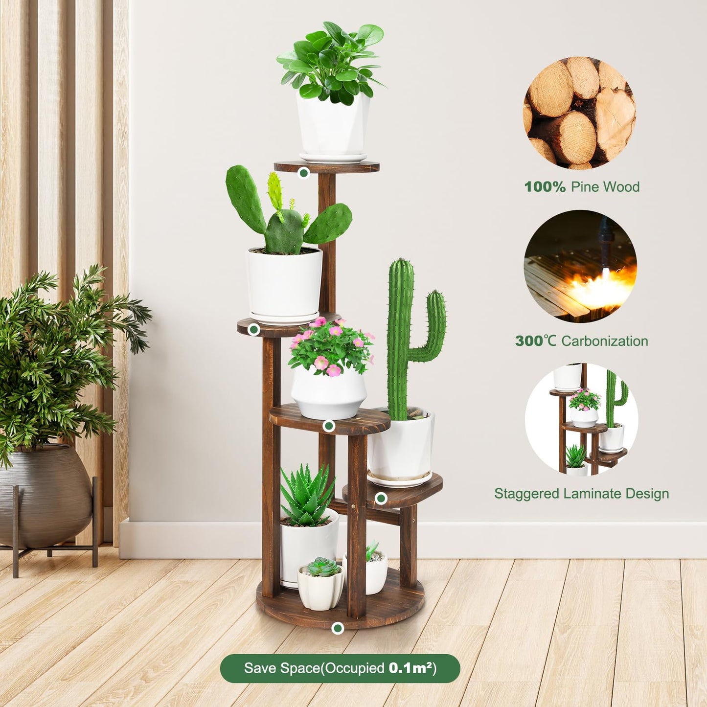Jotboom 4 Tier Tall Plant Stand Indoor, Wood Corner Plant Shelf for Multiple Plants, Sturdy Oval Tiered Flower Pot Holder Display Rack for Living Room Balcony Patio, Carbonized Pine Wood