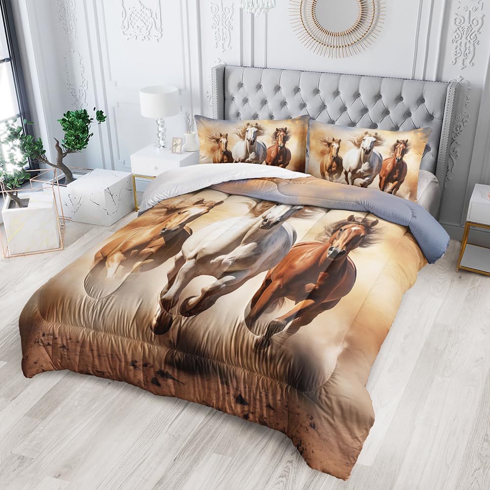 XYNHML Kid Galloping Horse Comforter Set Full Animal Theme Handsome Horse Bedding Set Wild Animal Grey Sky Sand Decor Quilt Bed Set for Boys Girls Adult, 1 Comforter + 2 Pillowcases
