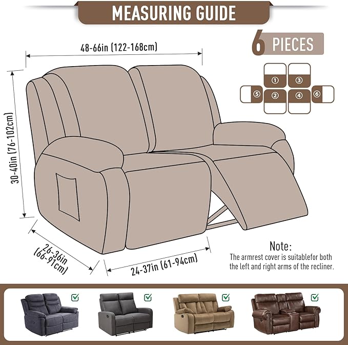 TAOCOCO Recliner Loveseat Slipcover, 6 Pieces Dual Recliner Sofa Covers
